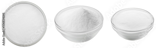 Soda in a glass bowl. Soda, flour, salt or sugar in a glass container. Three different angles of a plate with soda, flour, salt or sugar on a white background.