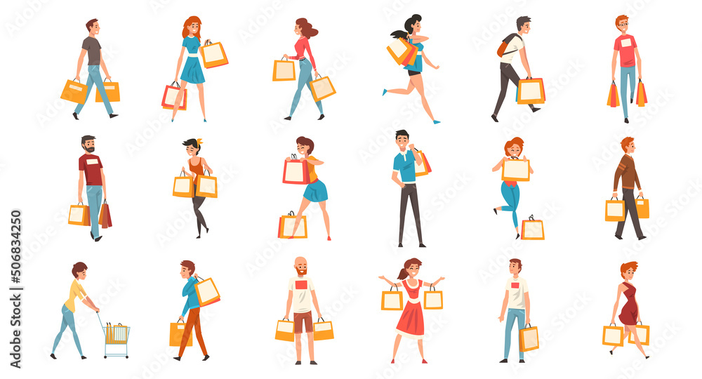 Happy People Characters Doing Shopping Carrying Bags with Purchase Big Vector Set