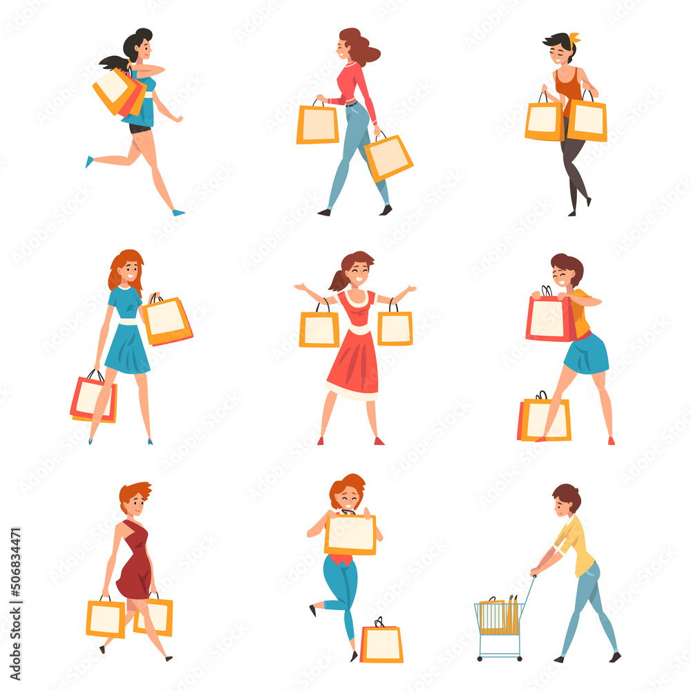 Happy Woman Character Doing Shopping Carrying Bags with Purchase Big Vector Set