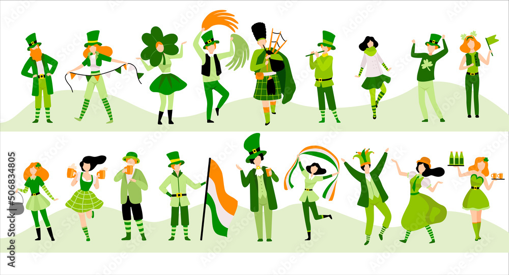 Fototapeta premium People Character in Festive Green Costumes Celebrating Saint Patrick Day Vector Big Set