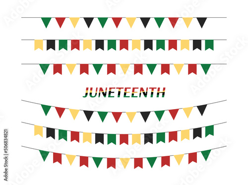 Juneteenth party flags isolated. Vector set of Freedom Day garlands and buntings in traditional african colors. Juneteenth triangular and rectangular flags collection