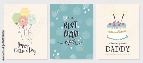 Cute Father's Day design, hand drawn doodles, gift boxes, balloons, confetti - great for banners, wallpapers, cards, image covers - vector