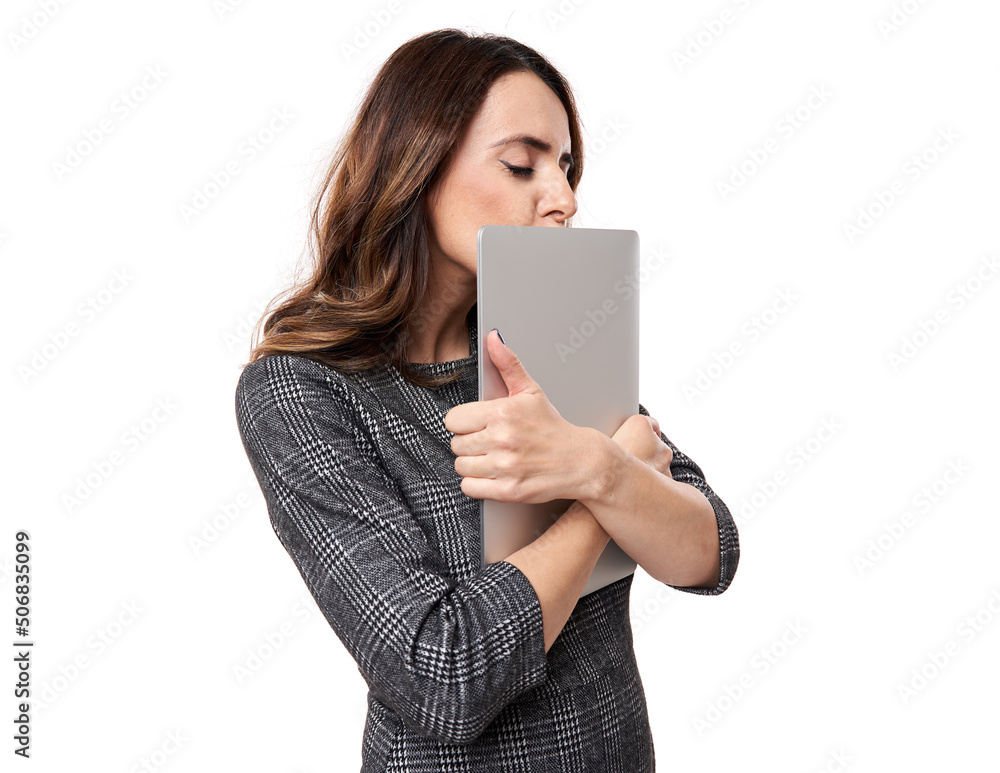Happy young businesswoman holding laptop on white Happy young businesswoman holding laptop on white