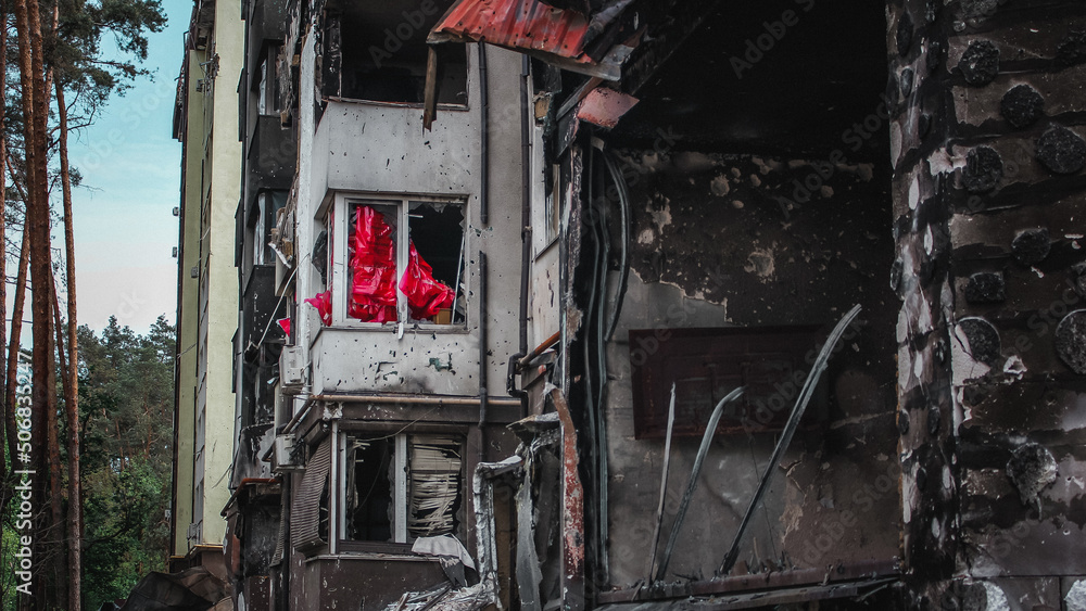 Irpin, Kyiv Oblast, Ukraine - 19.05.2022: Cities of Ukraine after the Russian occupation. burnt and destroyed civilian building in city of Irpin, northwest of Kyiv. close up