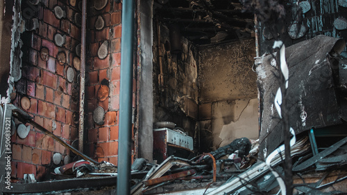 Irpin  Kyiv Oblast   Ukraine - 19.05.2022  Cities of Ukraine after the Russian occupation. burnt and destroyed civilian building in  city of Irpin  northwest of Kyiv. close up