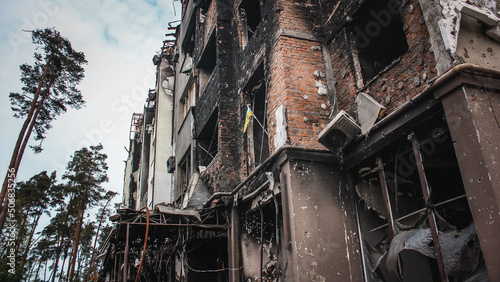 Irpin, Kyiv Oblast, Ukraine - 19.05.2022: Cities of Ukraine after the Russian occupation. burnt and destroyed civilian building in city of Irpin, northwest of Kyiv. close up