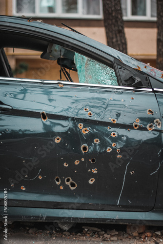 Irpin, Kyiv Oblast, Ukraine - 19.05.2022: Cities of Ukraine after the Russian occupation. destroyed civilian car in city of Irpin, northwest of Kyiv