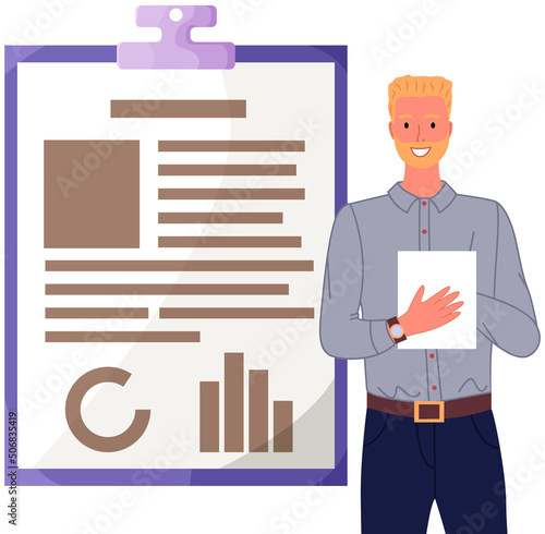 Analytics information and development statistics. Web analysis measure, product testing technology. Man analyses dashboard seo optimization, digital report. Statistical indicators and data on diagram
