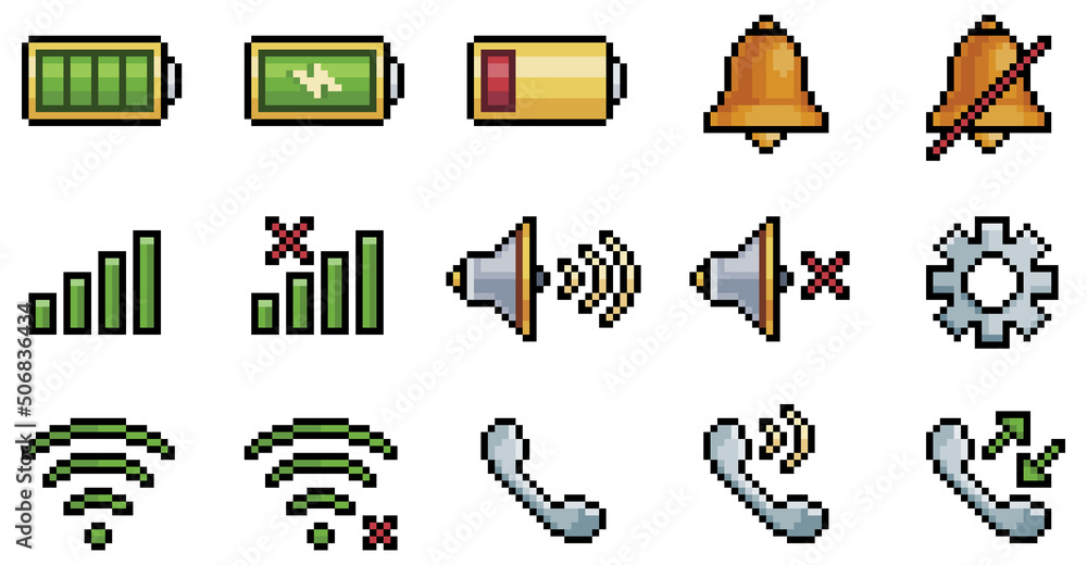 Vecteur Stock Pixel art mobile phone interface icons. Battery, bell, speaker,  phone, wifi signal icon vector icon for 8bit game on white background |  Adobe Stock