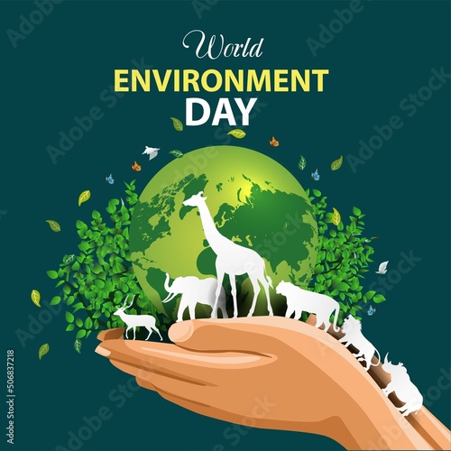 world environmental day. two hands holding with world map and animals white cutouts. vector illustration design.