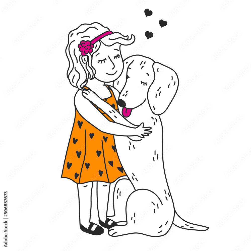 Kid Hugging Pet. Embracing Cute Child With Best Friend. Pet Family