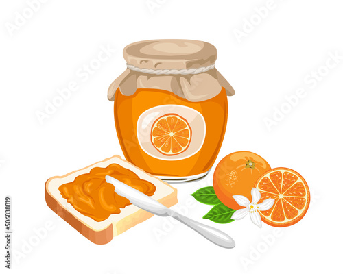 Orange jam set. Spread on piece of toast bread, knife, glass jar with marmalade and fresh citrus fruit isolated on white background. Vector sweet food illustration in cartoon flat style.