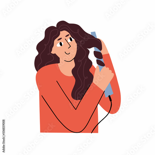 girl takes care of her hair. flat hand drawn illustration