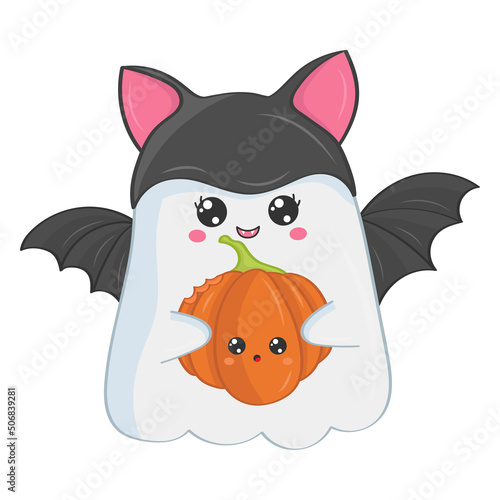 Cute cartoon ghost dressed as a vampire. Vector Halloween illustration. Cute little illustration Halloween ghost for kids, fairy tales, covers, baby shower, textile t-shirt, baby book.