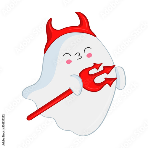 Cartoon ghost in a devil costume. Vector Halloween illustration. Cute little illustration Halloween ghost for kids, fairy tales, covers, baby shower, textile t-shirt, baby book.