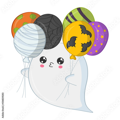 Cute ghost with holiday balloons. Vector Halloween illustration. Cute little illustration Halloween ghost for kids, fairy tales, covers, baby shower, textile t-shirt, baby book.