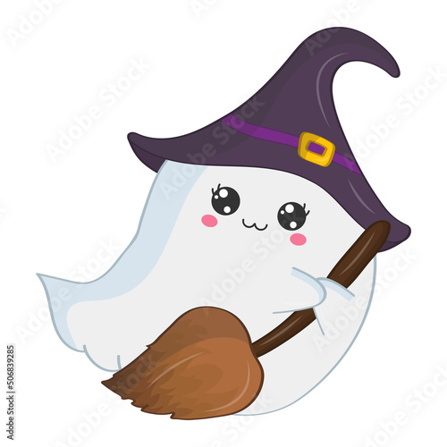 Bringing in a witch costume on a broomstick. Vector Halloween illustration. Cute little illustration Halloween ghost for kids, fairy tales, covers, baby shower, textile t-shirt, baby book.