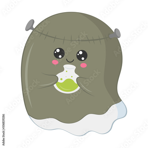 Cute ghost dressed as a zombie. Vector Halloween illustration. Cute little illustration Halloween ghost for kids, fairy tales, covers, baby shower, textile t-shirt, baby book.