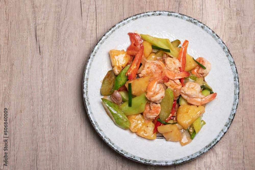 Stir-fried sweet and sour shrimp with mixed vegetables, Thai food Stir-fried sweet and sour shrimp with mixed vegetables, Thai food