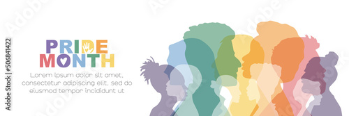 Pride Month banner. People stand side by side together. Card with place for text. Flat vector illustration.