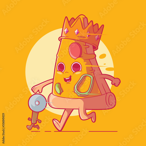 King pizza cute character running vector illustration. Food, funny, brand design concept.