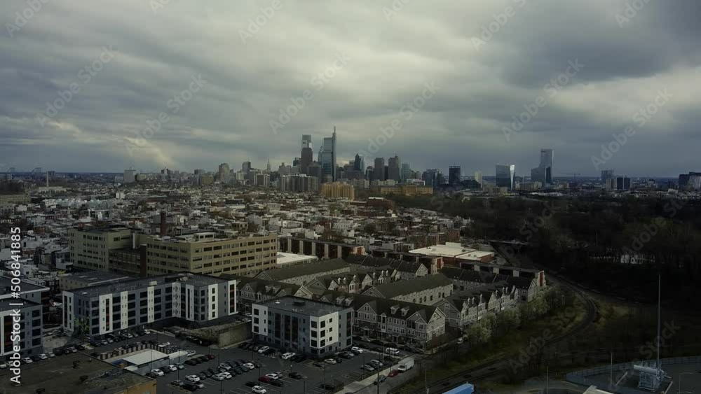 Aerial tracking shot of skyscrapers in big city, pull-back drone shot. Philadelphia, Pennsylvania, USA. Aerial tracking shot of skyscrapers in big city, pull-back drone shot. Philadelphia, Pennsylvania, USA.