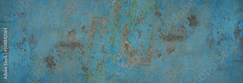 Blue vintage texture. Old rough rusty painted wall surface. Grunge background with space for design. Web banner. Wide. Panoramic.