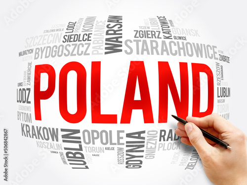 List of cities and towns in Poland, word cloud collage, business and travel concept background #506842867