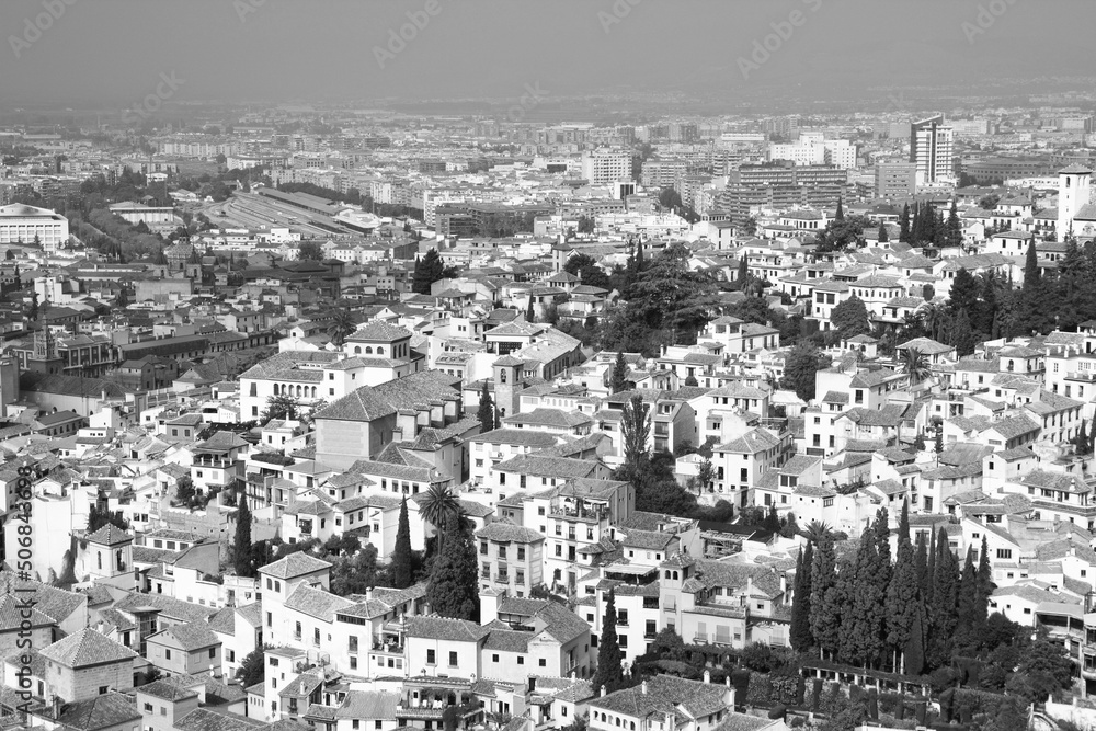 Granada, Spain. Black and white vintage style photo.