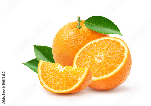 Fototapeta Naklejka Na Ścianę i Meble -  Orange fruit with cut in half and slices isolated on white background.