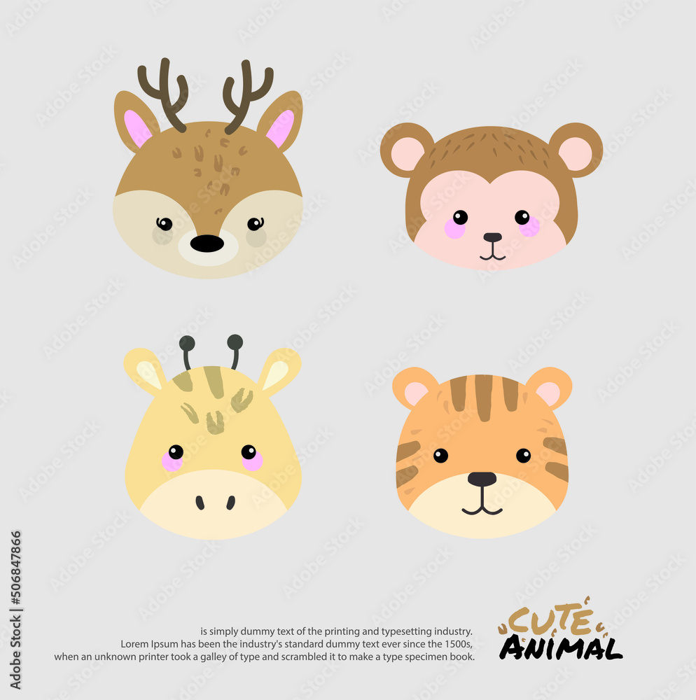 Obraz premium Head of cute animals. Wildlife cartoon character vector illustration.