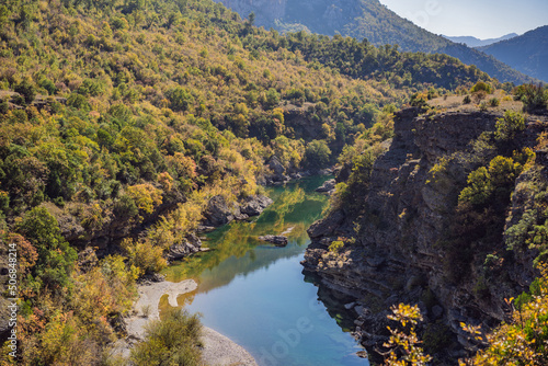 Montenegro, Clean clear turquoise water of river Moraca in green moraca canyon nature landscape. Travel around Montenegro concept