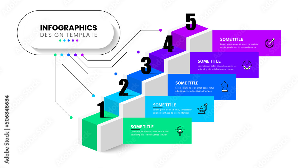 Infographic template. Stairs with five steps, text and icons Infographic template. Stairs with five steps, text and icons