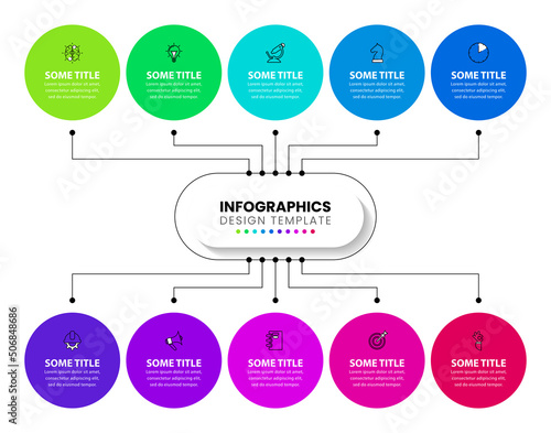 Infographic template. 10 colored circles connected to the center
