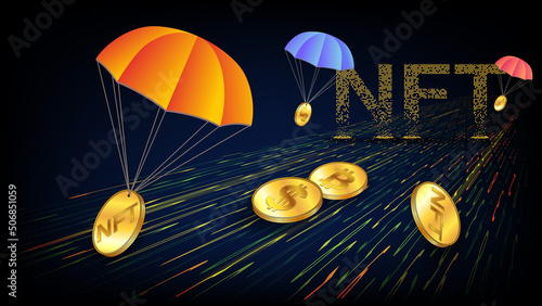 Futuristic NFT non fungible token airdrop concept with receding perspective on the digital road and golden coins of Bitcoin, NFT and Dollars with parachutes.