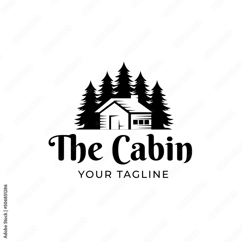 Vintage cabin and Pine forest illustration logo design