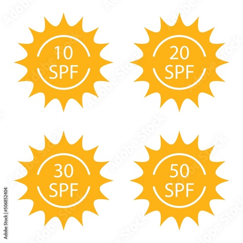 Sun with spf protect sign vector icons set