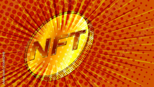 NFT non fungible token golden coin styled for the 80s. Pay for unique collectibles in games or art. Colorful header or banner.