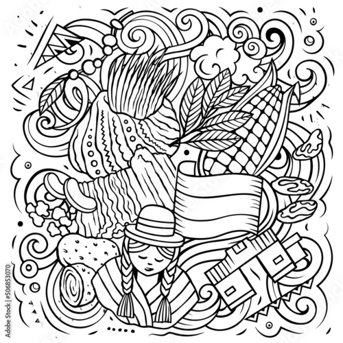 Bolivia hand drawn cartoon doodles illustration.