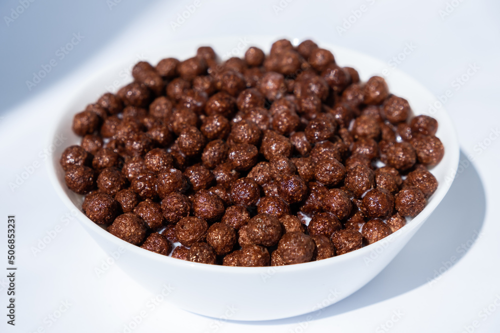 chocolate granules balls in milk in a white plate for breakfast
chocolate granules balls in milk in a white plate for breakfast