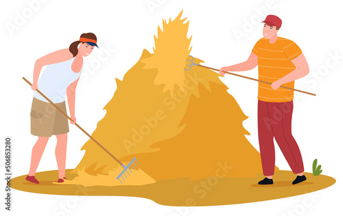 Farmer couple hay harvest with rakes and pitchforks vector flat illustration