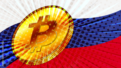 Gold coin of Bitcoin BTC and colored flag of Russia on background. Russian Federation adopts laws on mining and digital assets.