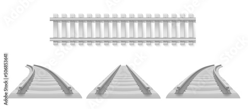 Realistic railway set vector illustration. Collection metallic train track. Industrial tram line