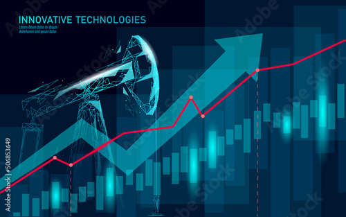 Oil well rig juck low poly business concept. Finance economy polygonal petrol production. Petroleum fuel industry pumpjack derricks pumping drilling point line connection dots blue vector illustration