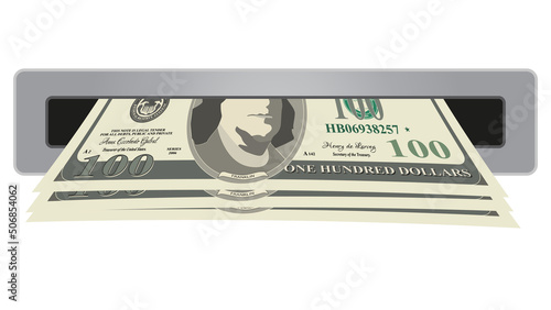 Cash 100 dollars in slot of ATM machine isolated on white background.
