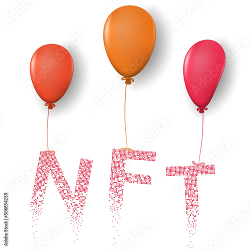 Word NFT non fungible token tied to colored balloons with shadow isolated on white background. NFT flies on balloons. Design element. Vector illustration.