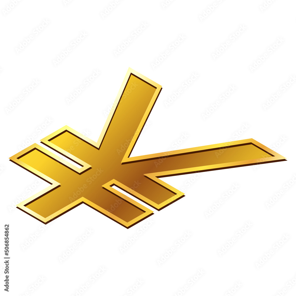 Fototapeta premium Yuan CNY Chinese currency golden sign in isometric top view isolated on white background. Currency by the Central Bank of China.