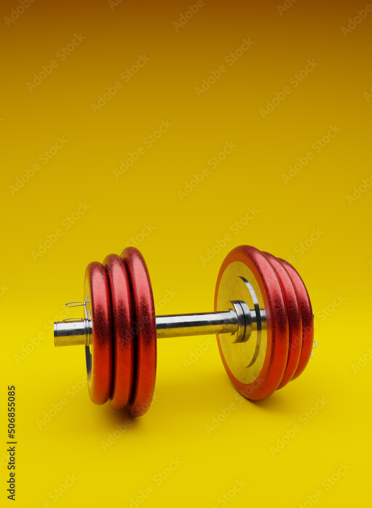 A big red dumbbell on a yellow background, sports and fitness concept with space for your text or product, 3d rendering A big red dumbbell on a yellow background, sports and fitness concept with space for your text or product, 3d rendering