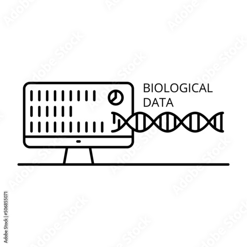 Computer monitor with biological data and dna molecule vector illustration. Bioinformatics and biotechnology. Scientific line icon, databases and libraries of collection and analysis of biodata