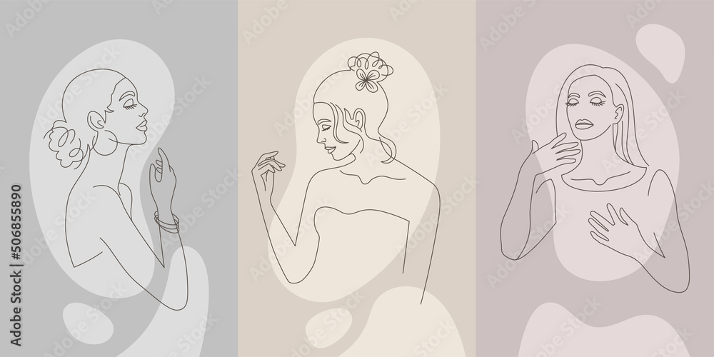 Vector minimalist female portrait. Elegant vector fashion illustration in a linear style. For social media stories, beauty logos, posters, cards, t-shirt printing